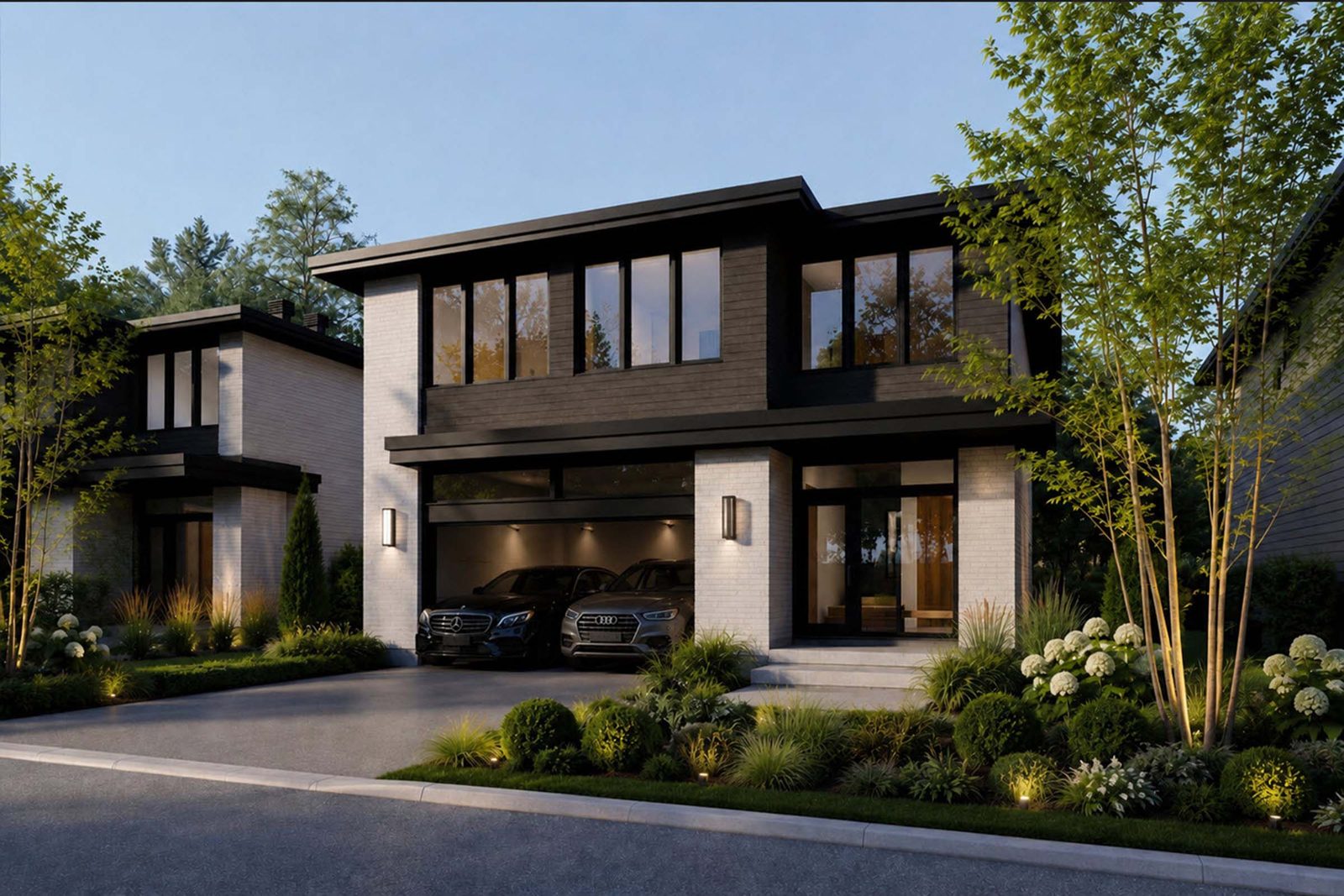 Maison modèle IV de Grandeur Natura : façade contemporaine en pierre et en bois, garage double